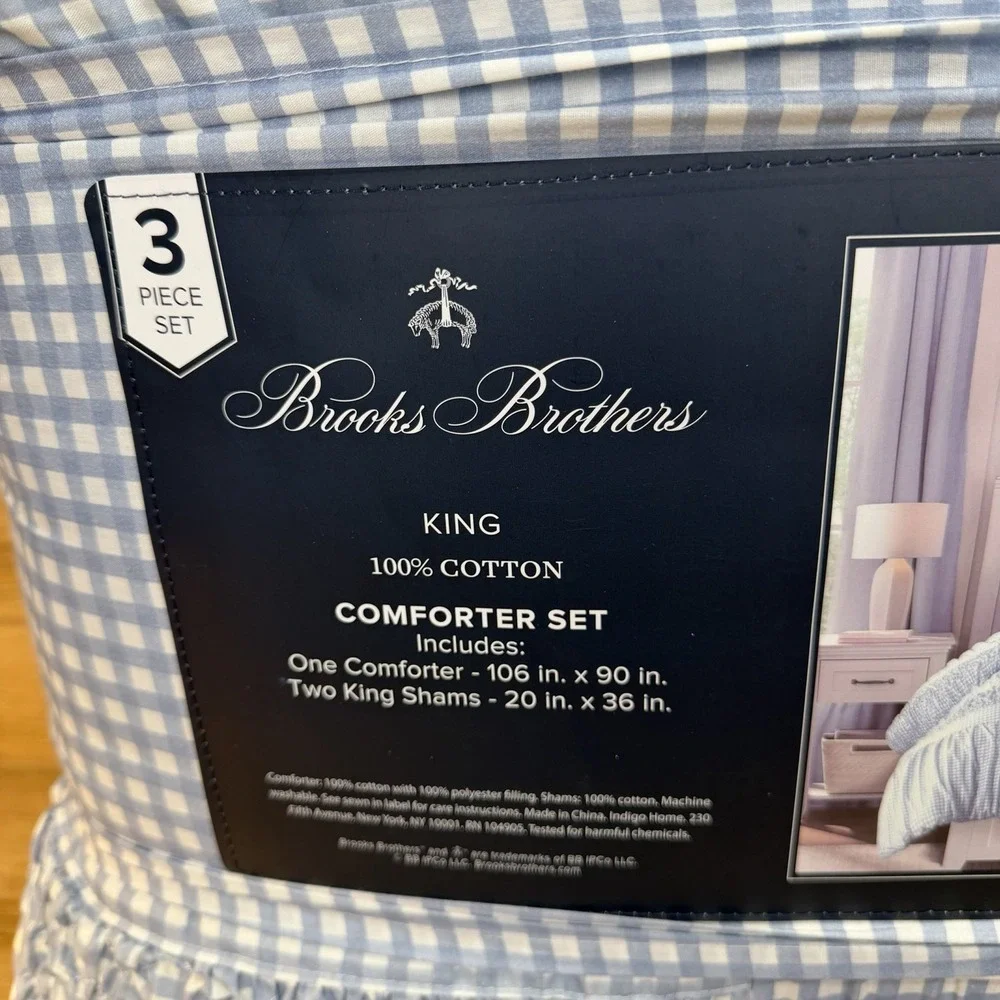 Brooks Brothers King Comforter Set 3 Pc Blue White Gingham Crinkled 100% Cotton